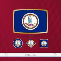 Set of Virginia flags with gold frame for use at sporting events on a burgundy abstract background. vector