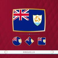 Set of Anguilla flags with gold frame for use at sporting events on a burgundy abstract background. vector