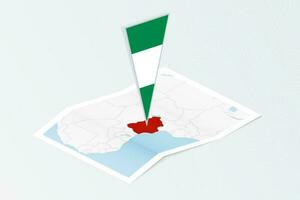 Isometric paper map of Nigeria with triangular flag of Nigeria in isometric style. Map on topographic background. vector