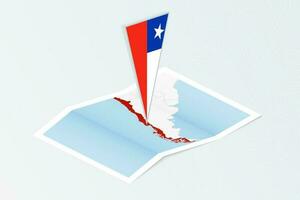 Isometric paper map of Chile with triangular flag of Chile in isometric style. Map on topographic background. vector