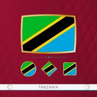 Set of Tanzania flags with gold frame for use at sporting events on a burgundy abstract background. vector