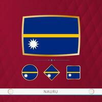 Set of Nauru flags with gold frame for use at sporting events on a burgundy abstract background. vector