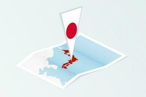 Isometric paper map of Japan with triangular flag of Japan in isometric style. Map on topographic background. vector