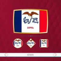 Set of Iowa flags with gold frame for use at sporting events on a burgundy abstract background. vector