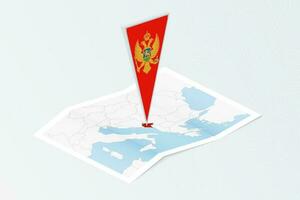 Isometric paper map of Montenegro with triangular flag of Montenegro in isometric style. Map on topographic background. vector