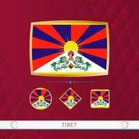 Set of Tibet flags with gold frame for use at sporting events on a burgundy abstract background. vector