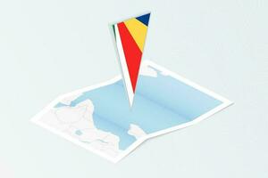 Isometric paper map of Seychelles with triangular flag of Seychelles in isometric style. Map on topographic background. vector