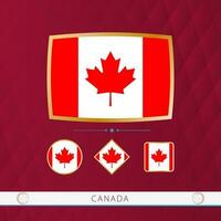 Set of Canada flags with gold frame for use at sporting events on a burgundy abstract background. vector