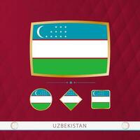 Set of Uzbekistan flags with gold frame for use at sporting events on a burgundy abstract background. vector