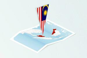Isometric paper map of Malaysia with triangular flag of Malaysia in isometric style. Map on topographic background. vector