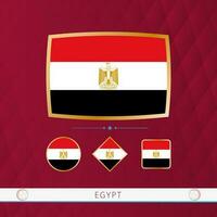 Set of Egypt flags with gold frame for use at sporting events on a burgundy abstract background. vector