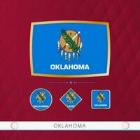 Set of Oklahoma flags with gold frame for use at sporting events on a burgundy abstract background. vector