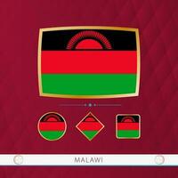 Set of Malawi flags with gold frame for use at sporting events on a burgundy abstract background. vector