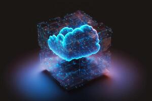 Cloud computing Data Base Technology concept with glowing neon structures on a dark background. illustration photo