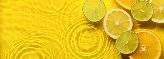 Citrus fruits in yellow water banner with concentric circles and ripples. Refreshing summer concept, Copy space photo