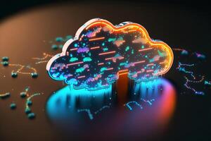 Cloud computing Data Base Technology concept with glowing neon structures on a dark background. illustration photo