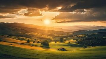 mountain countryside landscape at sunset. dramatic sky over a distant valley. green fields and trees on hill. beautiful natural landscapes of the carpathians variation 1 photo