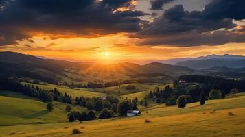 mountain countryside landscape at sunset. dramatic sky over a distant valley. green fields and trees on hill. beautiful natural landscapes of the carpathians variation 2 photo