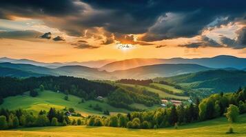 mountain countryside landscape at sunset. dramatic sky over a distant valley. green fields and trees on hill. beautiful natural landscapes of the carpathians variation 8 photo