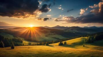 montaña campo paisaje a puesta de sol. dramático cielo terminado un distante valle. verde campos y arboles en colina. hermosa natural paisajes de el montes de Cárpatos generativo ai variación 5 5 foto