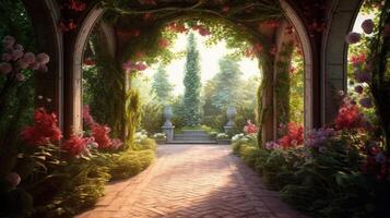 Passage to the summer sunny park through the arch with flowers variation 2 photo