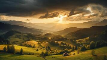 mountain countryside landscape at sunset. dramatic sky over a distant valley. green fields and trees on hill. beautiful natural landscapes of the carpathians variation 3 photo