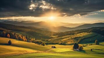 montaña campo paisaje a puesta de sol. dramático cielo terminado un distante valle. verde campos y arboles en colina. hermosa natural paisajes de el montes de Cárpatos generativo ai variación 7 7 foto