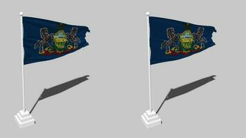 estado de Pensilvania bandera sin costura serpenteado ondulación con polo base estar y sombra, aislado en alfa canal negro y blanco mate, llanura y bache textura paño variaciones, 3d representación video