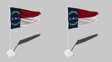 Estado do norte carolina bandeira desatado em loop acenando com pólo base ficar de pé e sombra, isolado em alfa canal Preto e branco fosco, avião e colisão textura pano variações, 3d Renderização video