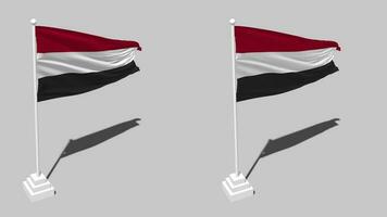 Yemen bandera sin costura serpenteado ondulación con polo base estar y sombra, aislado en alfa canal negro y blanco mate, llanura y bache textura paño variaciones, 3d representación video