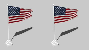 Unidos estados bandeira desatado em loop acenando com pólo base ficar de pé e sombra, isolado em alfa canal Preto e branco fosco, avião e colisão textura pano variações, 3d Renderização video