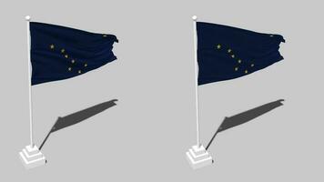 estado de Alaska bandera sin costura serpenteado ondulación con polo base estar y sombra, aislado en alfa canal negro y blanco mate, llanura y bache textura paño variaciones, 3d representación video