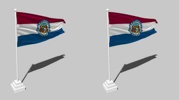 State of Missouri Flag Seamless Looped Waving with Pole Base Stand and Shadow, Isolated on Alpha Channel Black and White Matte, Plain and Bump Texture Cloth Variations, 3D Rendering video