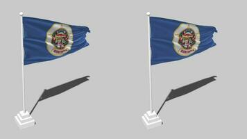 estado de Minnesota bandera sin costura serpenteado ondulación con polo base estar y sombra, aislado en alfa canal negro y blanco mate, llanura y bache textura paño variaciones, 3d representación video
