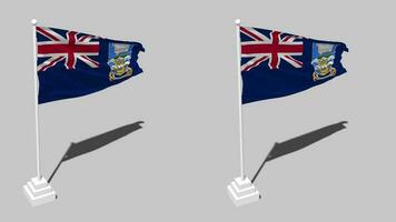 Malvinas islas bandera sin costura serpenteado ondulación con polo base estar y sombra, aislado en alfa canal negro y blanco mate, llanura y bache textura paño variaciones, 3d representación video