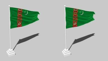 Turkmenistan Flag Seamless Looped Waving with Pole Base Stand and Shadow, Isolated on Alpha Channel Black and White Matte, Plain and Bump Texture Cloth Variations, 3D Rendering video