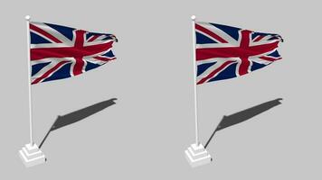 United Kingdom Flag Seamless Looped Waving with Pole Base Stand and Shadow, Isolated on Alpha Channel Black and White Matte, Plain and Bump Texture Cloth Variations, 3D Rendering video