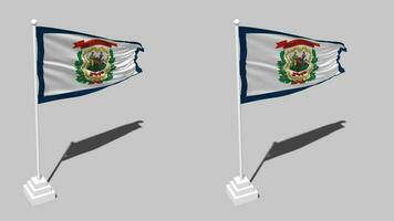 Zustand von Westen Virginia Flagge nahtlos geloopt winken mit Pole Base Stand und Schatten, isoliert auf Alpha Kanal schwarz und Weiß matt, einfach und stoßen Textur Stoff Variationen, 3d Rendern video