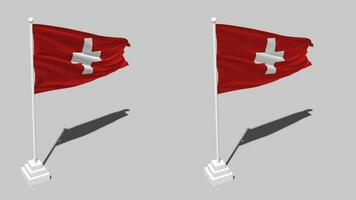 Suiza bandera sin costura serpenteado ondulación con polo base estar y sombra, aislado en alfa canal negro y blanco mate, llanura y bache textura paño variaciones, 3d representación video