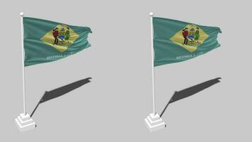 Zustand von Delaware Flagge nahtlos geloopt winken mit Pole Base Stand und Schatten, isoliert auf Alpha Kanal schwarz und Weiß matt, einfach und stoßen Textur Stoff Variationen, 3d Rendern video