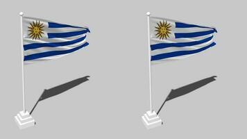 Uruguay bandera sin costura serpenteado ondulación con polo base estar y sombra, aislado en alfa canal negro y blanco mate, llanura y bache textura paño variaciones, 3d representación video