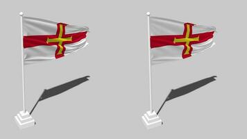 Guernsey bandeira desatado em loop acenando com pólo base ficar de pé e sombra, isolado em alfa canal Preto e branco fosco, avião e colisão textura pano variações, 3d Renderização video