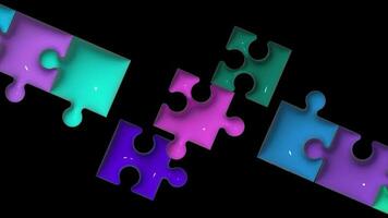 Digital Animation von ein Puzzle Bildung ein Platz gegen das schwarz Hintergrund. schön bunt Puzzle Stücke. video