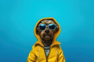 Dog wearing sunglasses isolated on blue background. photo