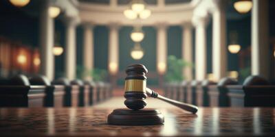 A wooden judge gavel in the courtroom amazing light background. photo