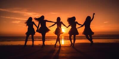 silueta grupo de amigos bailando en el playa verano puesta de sol antecedentes. generativo ai foto