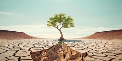 Tree Growth on Cracked Earth, Plant in Arid Soil to Protect Global Warming and Climate Change. photo