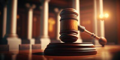 A wooden judge gavel in the courtroom amazing light background. photo