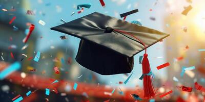 Gradution Cap with Confetti Background, Graduation Day Concept. photo