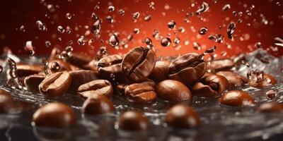 Coffee beans with water splash background. photo